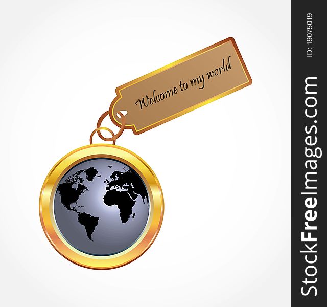 Gold button with world map and welcome tag. Gold button with world map and welcome tag