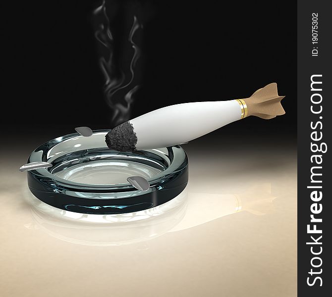 Cigarette with ashes and smoke in ashtray represented as bomb in dark atmosphere. Cigarette with ashes and smoke in ashtray represented as bomb in dark atmosphere