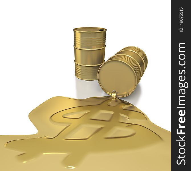 Two golden oil barrels with golden oil spill embossed with dollar sign on white background. Two golden oil barrels with golden oil spill embossed with dollar sign on white background