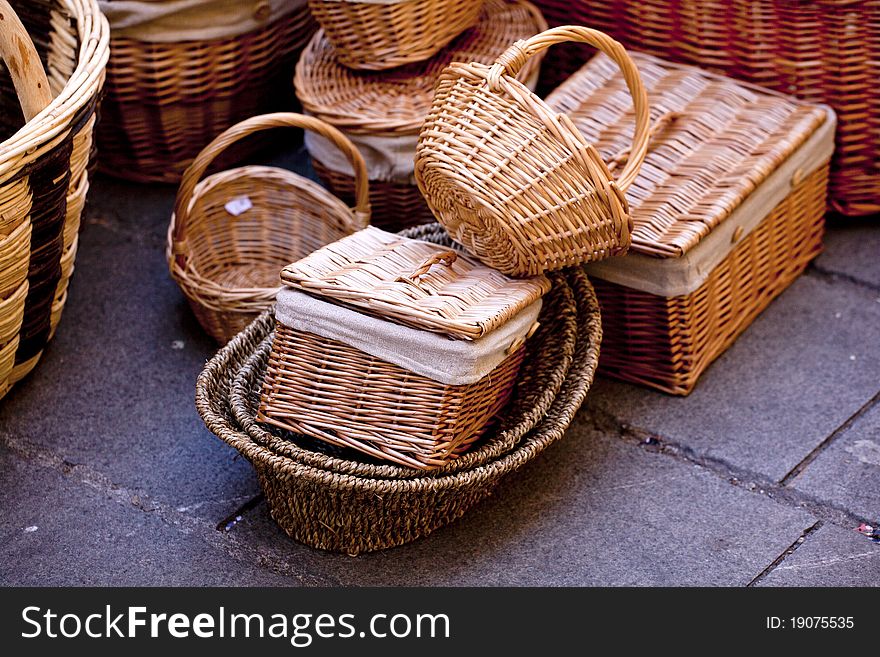 Various Wicker baskets in the street market