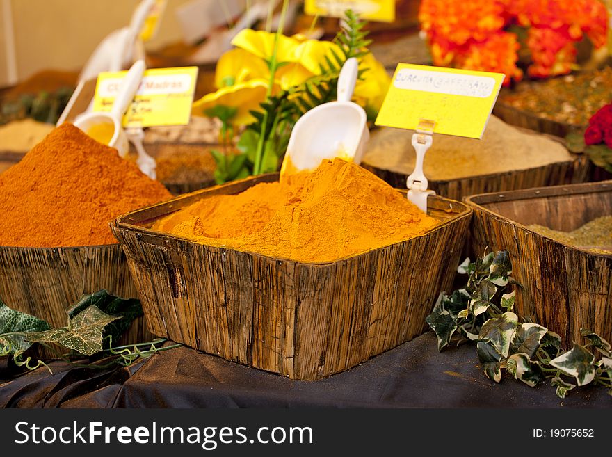 Colourful ground spices on a stall