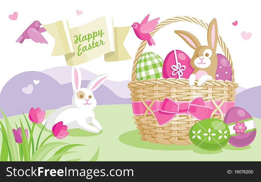 Easter illustration with colored eggs and cute bunnies on spring background