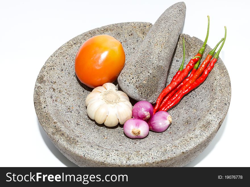 Mortar is a traditional tool for making a good sambal ulek (traditional sauce isolated on white with path). Mortar is a traditional tool for making a good sambal ulek (traditional sauce isolated on white with path).