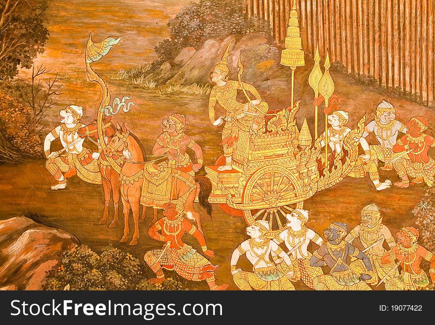 Masterpiece of traditional Thai style painting art on temple wall at Watphrakaew, Bangkok,Thailand
