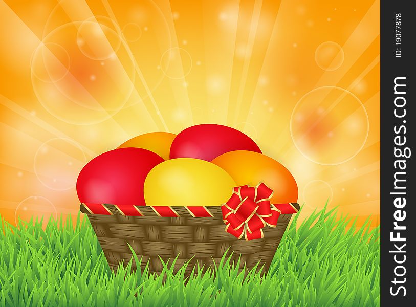 Spring landscape with basket with Easter eggs