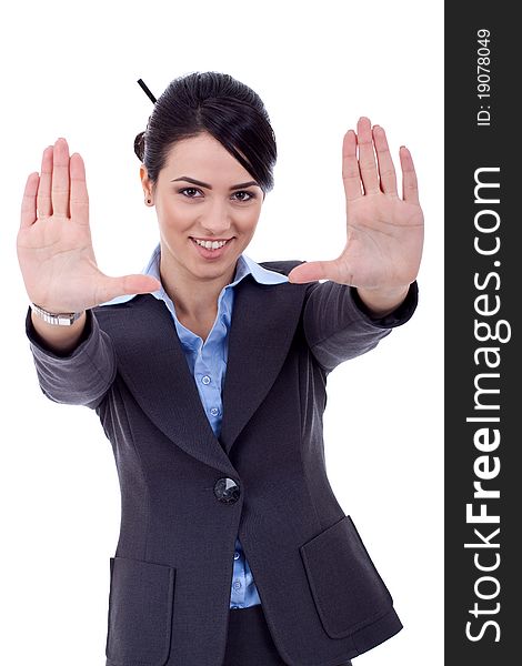 Business woman showing framing hand gesture - isolated on white