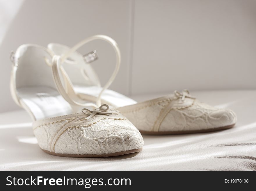 White wedding bride lace shoes. White wedding bride lace shoes