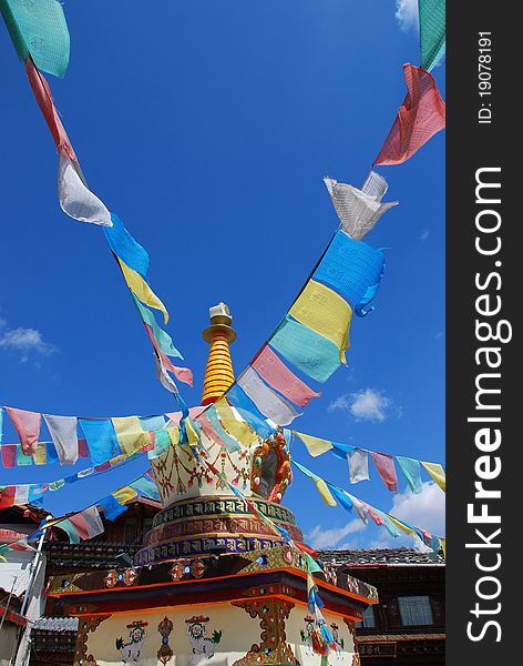 The tower of Tibetan prayer flags in shangri-la