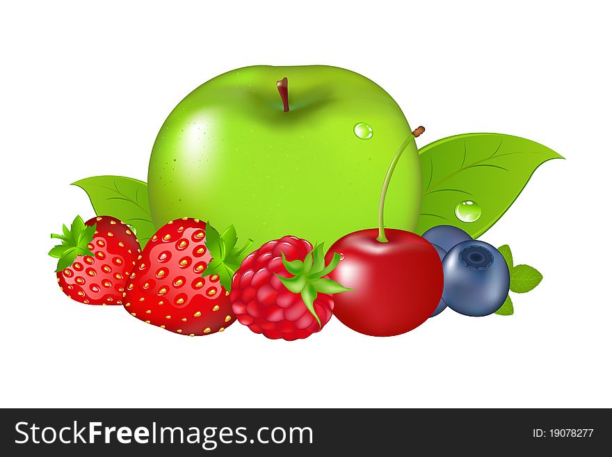Fruit And Berries, Isolated On White Background, Vector Illustration