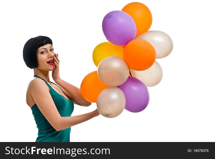 Pretty pinup girl with colored balloons isolated on white background. Pretty pinup girl with colored balloons isolated on white background