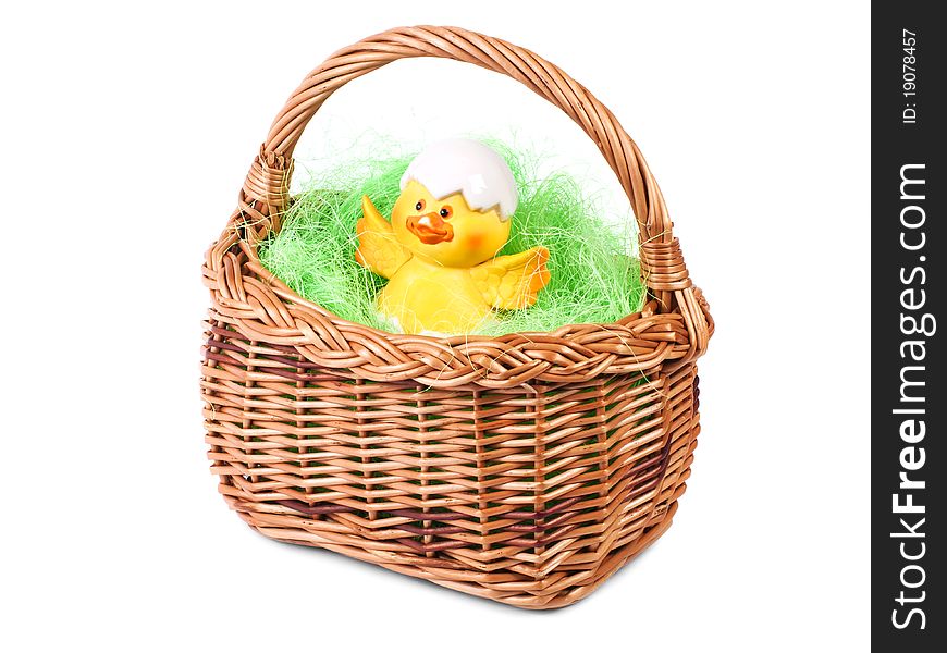 Easter basket with small newborn duckling. Easter basket with small newborn duckling