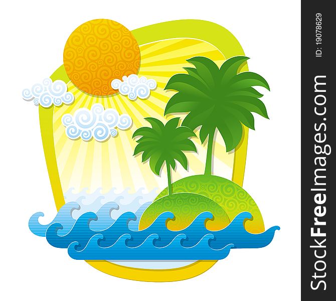 Vector illustration with tropical landscape - imitation of applique from color paper shapes.