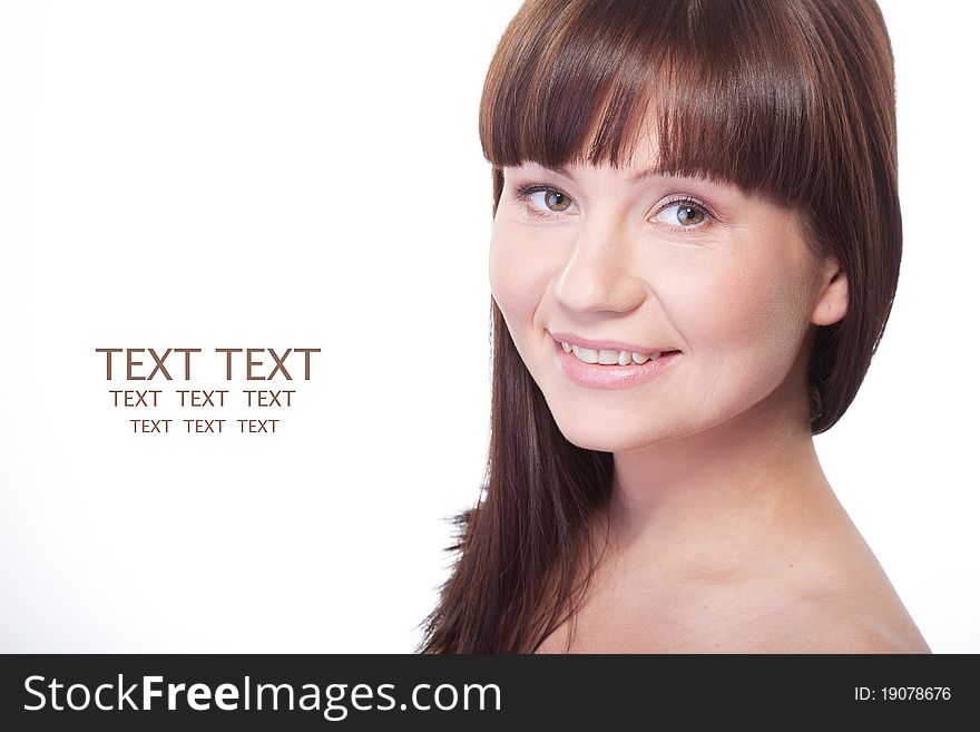 Portrait of beautiful smiling young adult woman with health skin of face isolated on white background. Portrait of beautiful smiling young adult woman with health skin of face isolated on white background