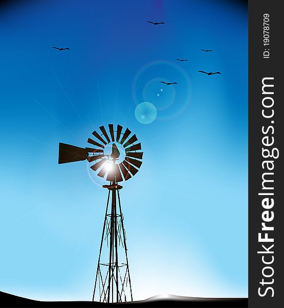 Windmill turbine on nature illustration