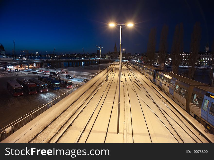 Night view of stockholm's train rail. Night view of stockholm's train rail