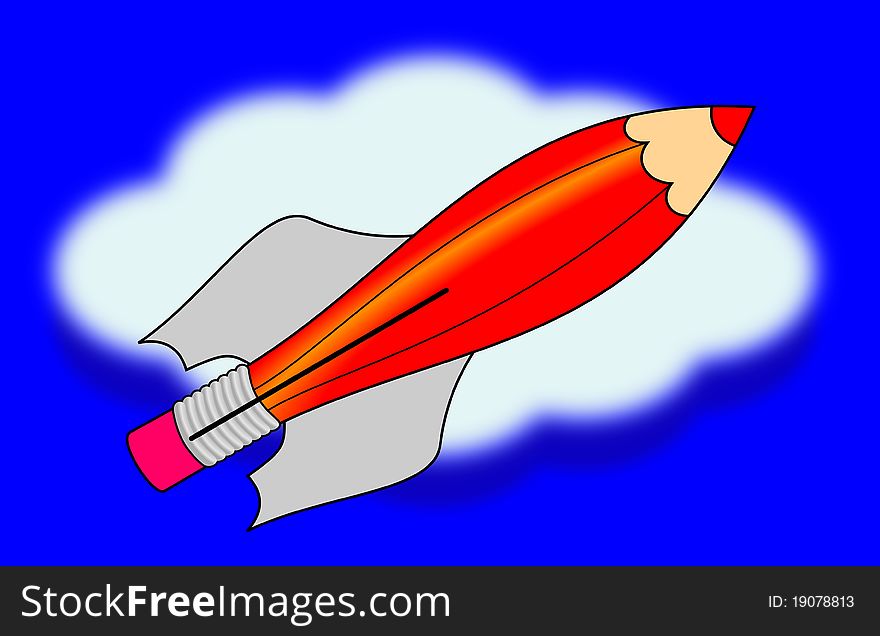 Funny red pencil as flying rocket. Funny red pencil as flying rocket