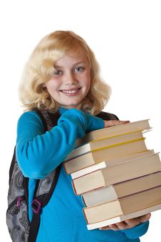 Young Blond Schoolgirl With Books Smiles Happy Royalty Free Stock Image Young Blond Schoolgirl With Books Smiles Happy Royalty Free Stock Image