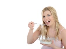 Pretty Woman Having Muesli Cereals For Breakfast Stock Photos Pretty Woman Having Muesli Cereals For Breakfast Stock Photos