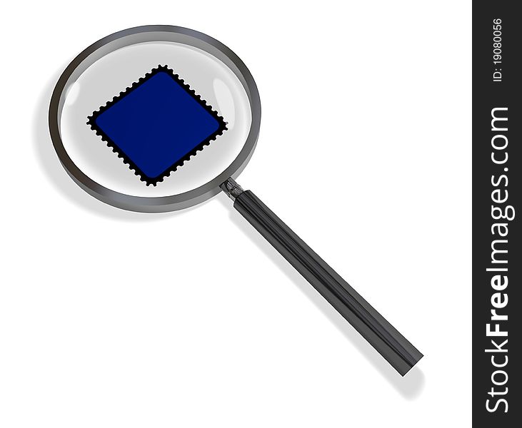 Illustration of a magnifying glass with a blue stamp. Illustration of a magnifying glass with a blue stamp