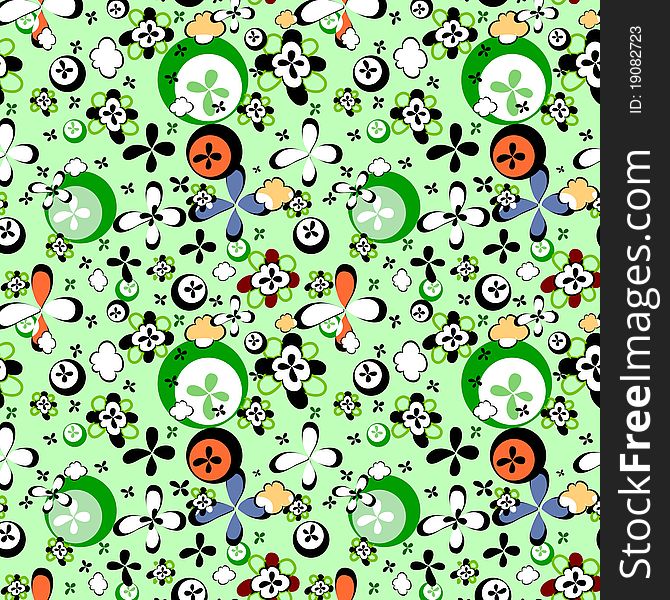 Seamless abstract bright pattern of mixed elements on green backgroung. Seamless abstract bright pattern of mixed elements on green backgroung