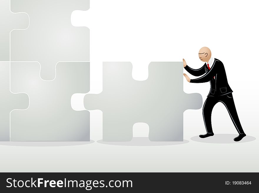 Illustration of  business man pushing jigsaw puzzle to connect
