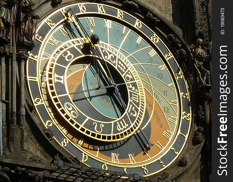 Ancient astronomical clock in Prague on Old Town Square