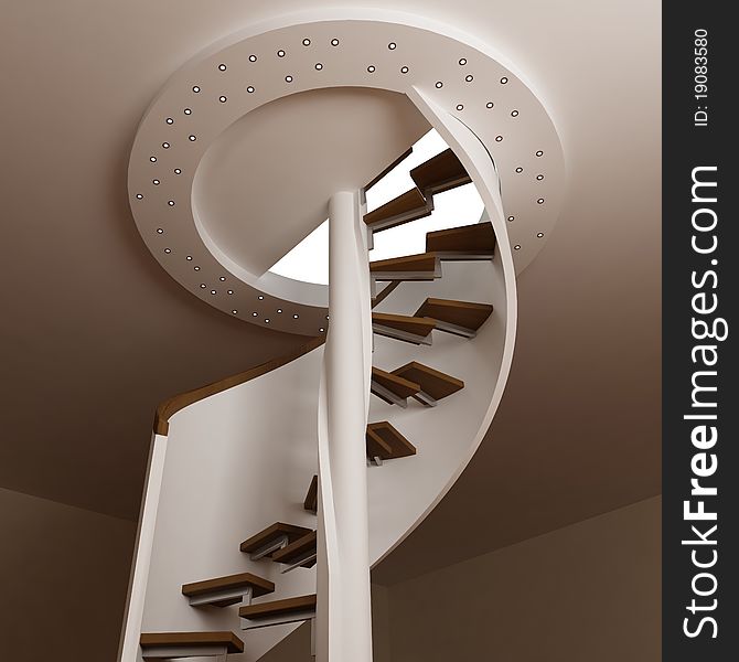 Round stair in room. 3d render. Bottom view