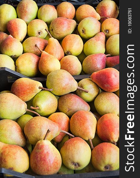 Freshly ripe pears in large boxes