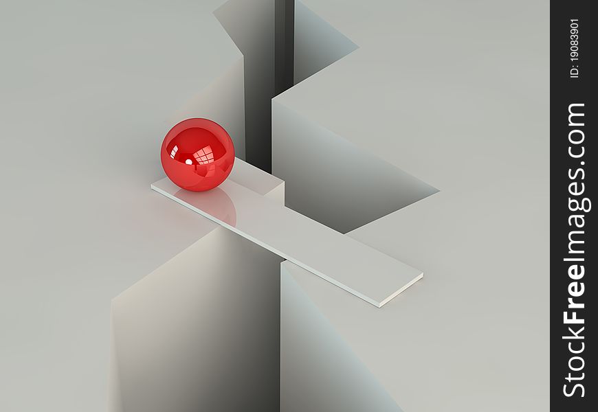 A red sphere crossing a cracked surface. A red sphere crossing a cracked surface