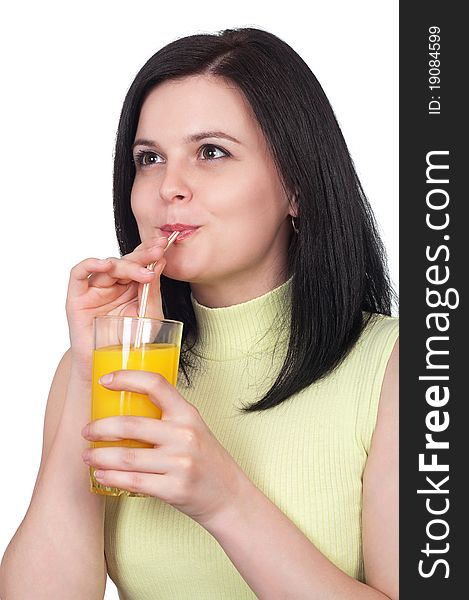 Happy young woman with a glass of refreshing oranges juice - isolated on white. Happy young woman with a glass of refreshing oranges juice - isolated on white.