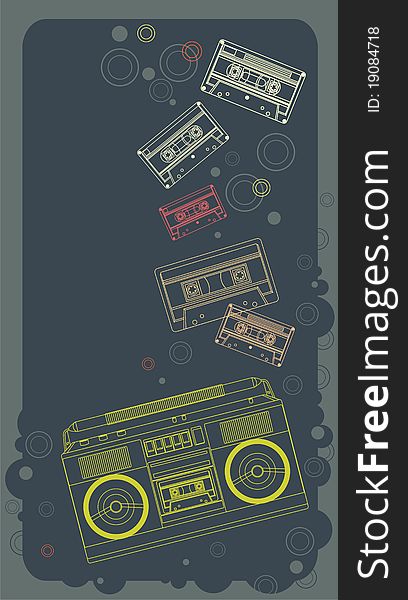Music banner with old recorder and cassettes. Vectorian illustration. Music banner with old recorder and cassettes. Vectorian illustration