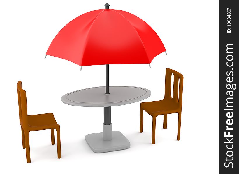 Red Umbrella With Table And Chairs