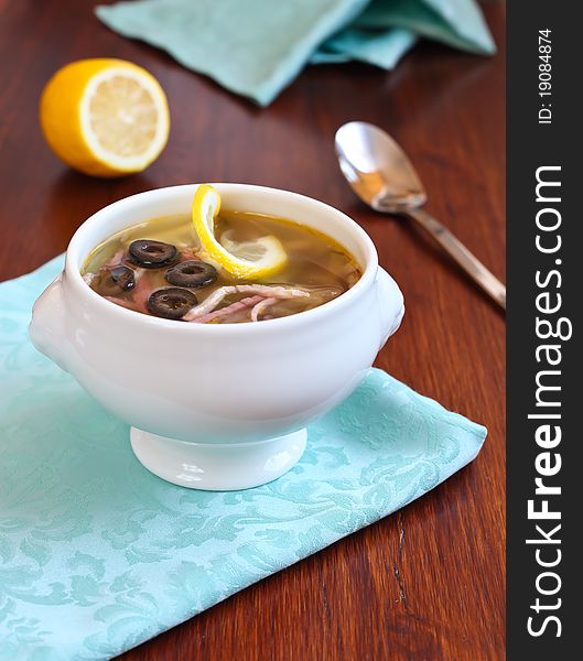 Russian soup with smoked meat. Russian soup with smoked meat