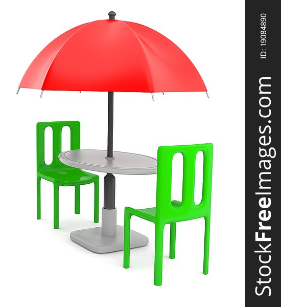 Red umbrella with table and chairs isolated on white