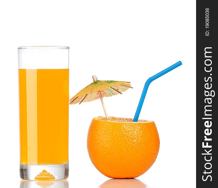 Orange as a drink with a straw and umbrella. Orange as a drink with a straw and umbrella