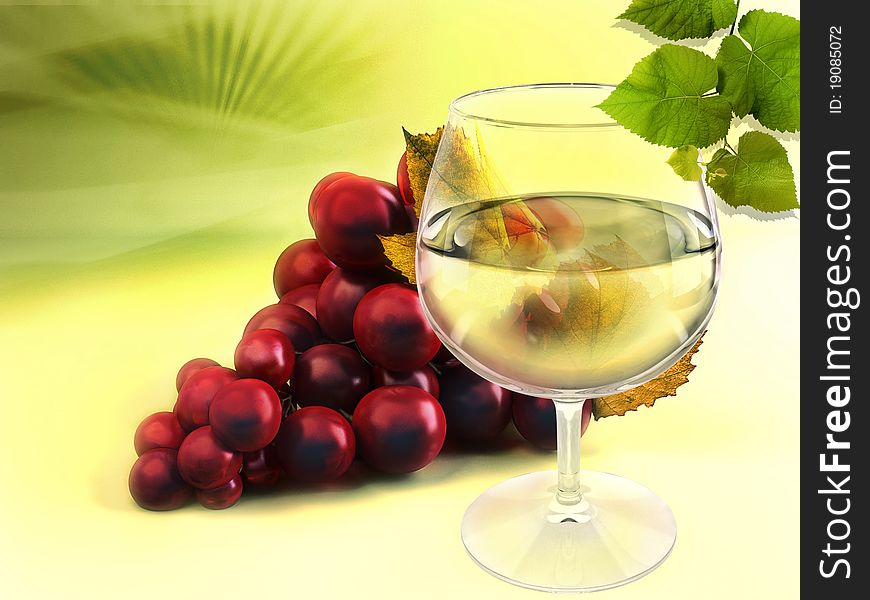 Wineglass and grapes on green background