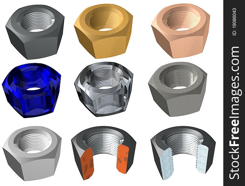 3d model 9 nuts are made of different materials (steel, bronze, copper, white glass, blue glass, chrome, stainless steel, brass, plastic) and nuts in the cut. 3d model 9 nuts are made of different materials (steel, bronze, copper, white glass, blue glass, chrome, stainless steel, brass, plastic) and nuts in the cut.