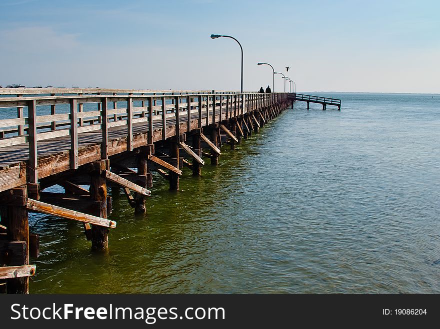 Fishing pier at Captree State Park, New York, USA in late winter.