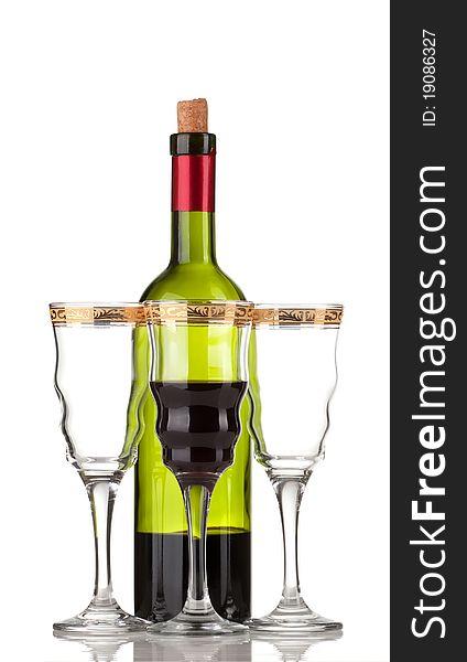 Wine bottle and wineglass on a white background