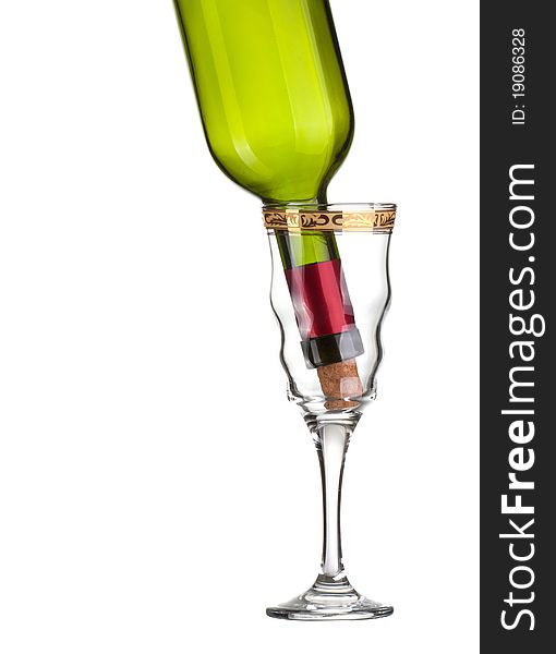 Wine bottle and wineglass on a white background