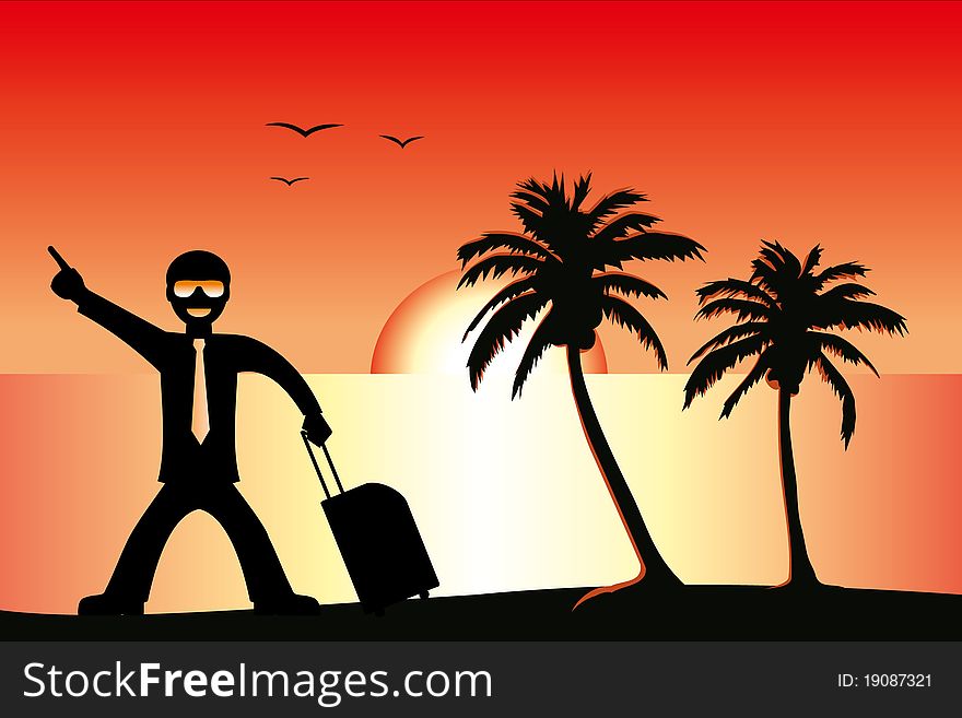 Tourist on tropical sunset background. Tourist on tropical sunset background