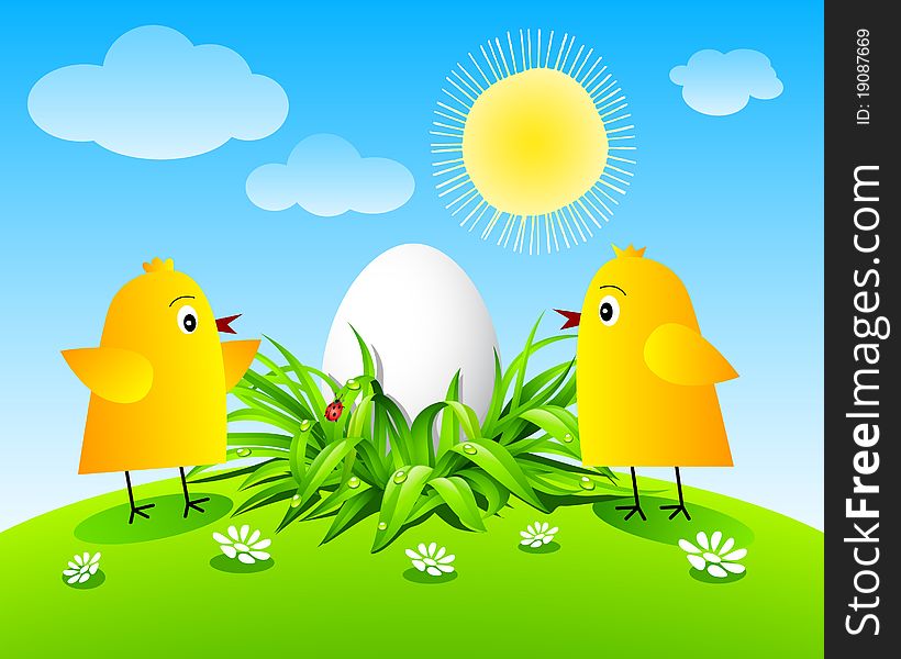 Chickens and egg on blue sky with clouds background. Chickens and egg on blue sky with clouds background.