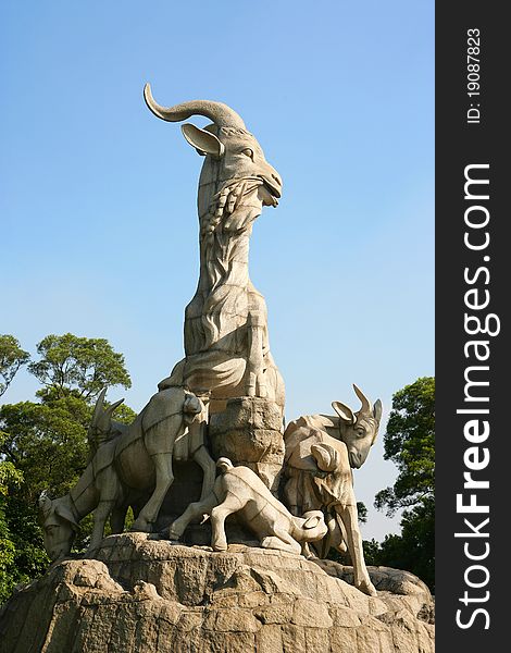 Cityscape of Five-Goat Statue, it is the symbol of Guangzhou (Canton) City GuangDong China. The No 16(2010) Asian Games make in GuangZhou.