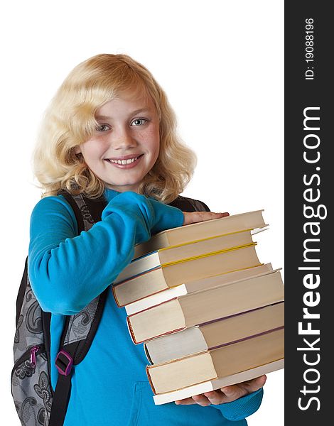 Young Blond Schoolgirl With Books Smiles Happy