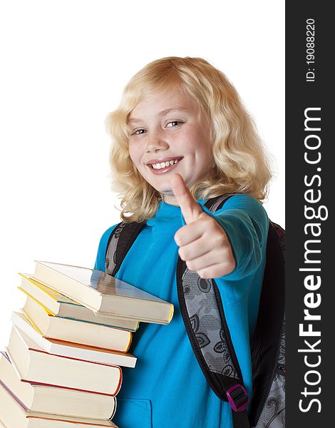 Blond, young and beautiful girl with books holds thumb up.Isolated on white background. Blond, young and beautiful girl with books holds thumb up.Isolated on white background.