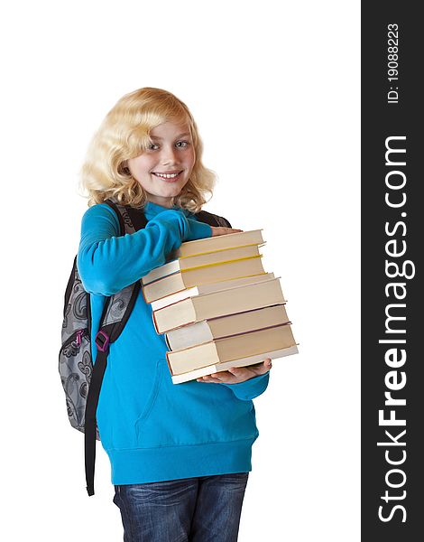 Blond and beautiful girl with backpack holds stack of books and smiles in camera.Iolated on white background. Blond and beautiful girl with backpack holds stack of books and smiles in camera.Iolated on white background.