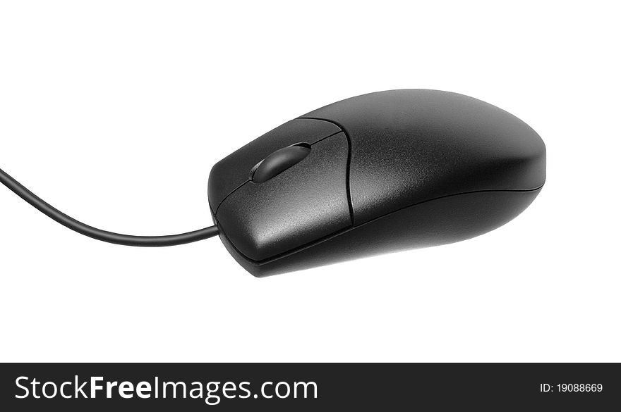 Black computer mouse with cable on white background