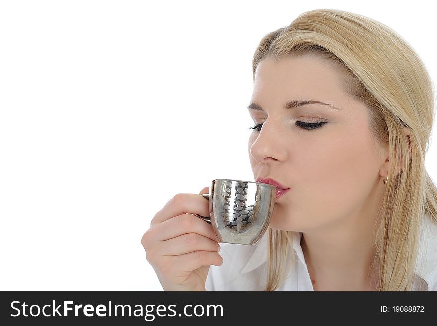 Pretty woman drinking cup of espresso coffee