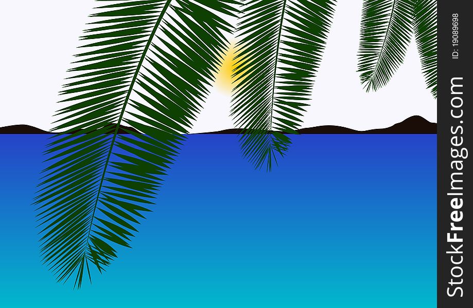 Summer seascape. Palm branches on a background of sea and sky. Summer seascape. Palm branches on a background of sea and sky