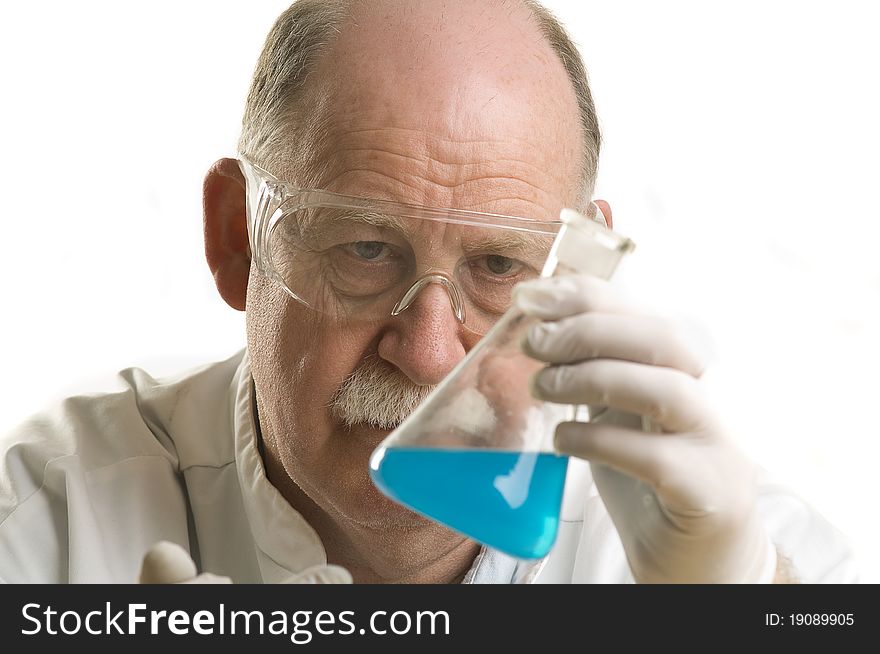 Scientist working with chemicals isolated on white